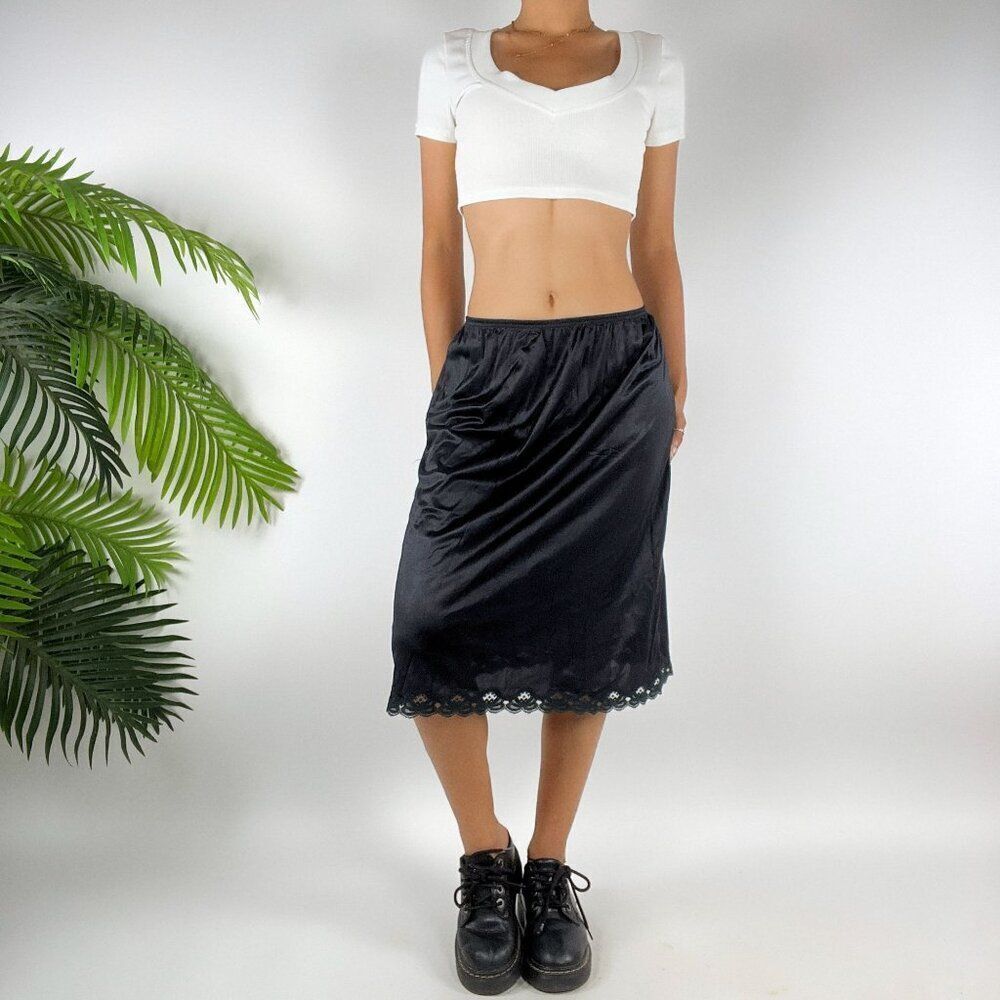 Vintage Vanity Fair 90s Grunge Black Whimsigoth Low Rise Midi Slip Skirt / Sm